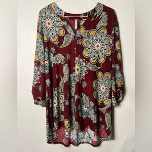 Dear Scarlett Burgundy Floral Paisley 3/4 Sleeve Blouse Plus Size 2X